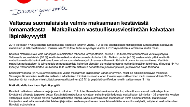 Valtaosa suomalaisista valmis maksamaan kestävästä lomamatkasta – Matkailualan vastuullisuusviestintään kaivataan läpinäkyvyyttä