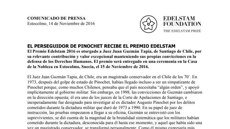EL PERSEGUIDOR DE PINOCHET RECIBE EL PREMIO EDELSTAM