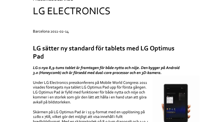  LG sätter ny standard för tablets med LG Optimus Pad 