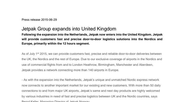 Jetpak Group expands into United Kingdom