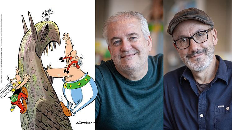 Bild från vänster: Illustration till "Asterix och Gripen", Didier Conrad och Jean-Yves Ferri.