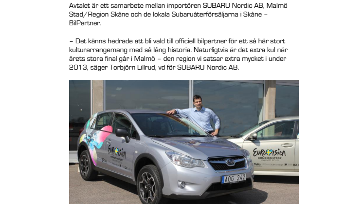 Subaru är officiell bil under Eurovision Song Contest 2013