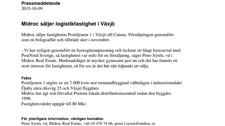 Midroc säljer logistikfastighet i Växjö