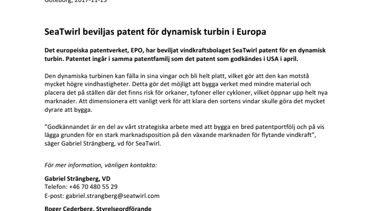SeaTwirl beviljas patent för dynamisk turbin i Europa