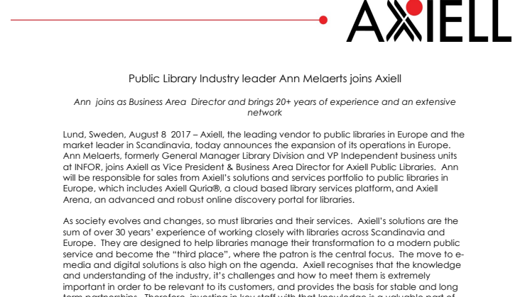 Public Library Industry leader Ann Melaerts joins Axiell