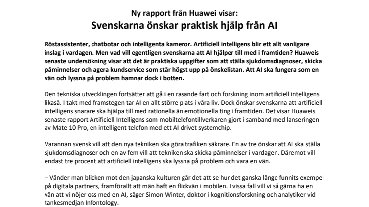 Ny rapport från Huawei visar: Svenskarna önskar praktisk hjälp från AI 