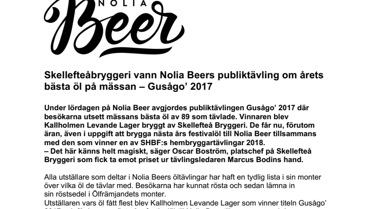 Skellefteåbryggeri vann Nolia Beers publiktävling om årets bästa öl på mässan – Gusågo’ 2017