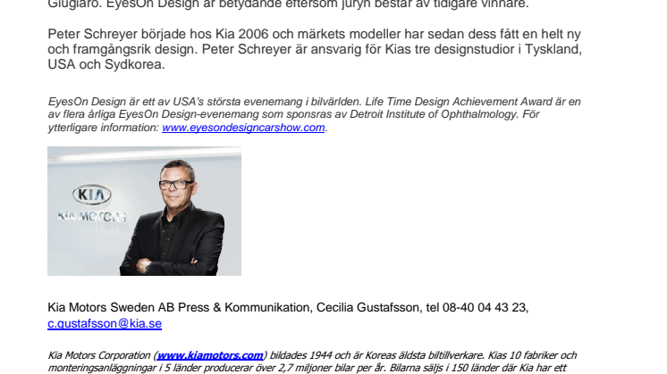 Kia’s Peter Schreyer får ”Life Time Design Achievement Award”
