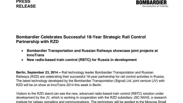 Bombardier utvecklar samarbetet med RZD i Ryssland