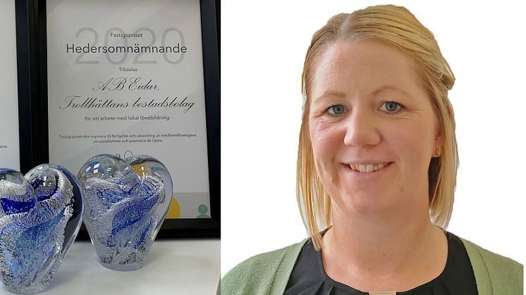 Sanna Kårebrand på Eidar med diplomet för att Eidar tilldelats Fastigos hedersomnämnande.