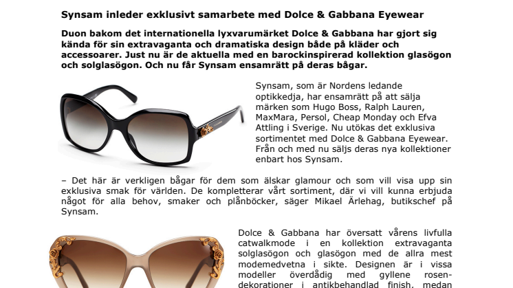 Synsam inleder exklusivt samarbete med Dolce & Gabbana Eyewear