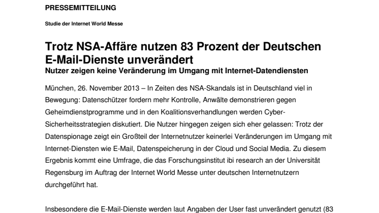 Studie der Internet World Messe:  Trotz NSA-Affäre nutzen 83 Prozent der Deutschen E-Mail-Dienste unverändert 