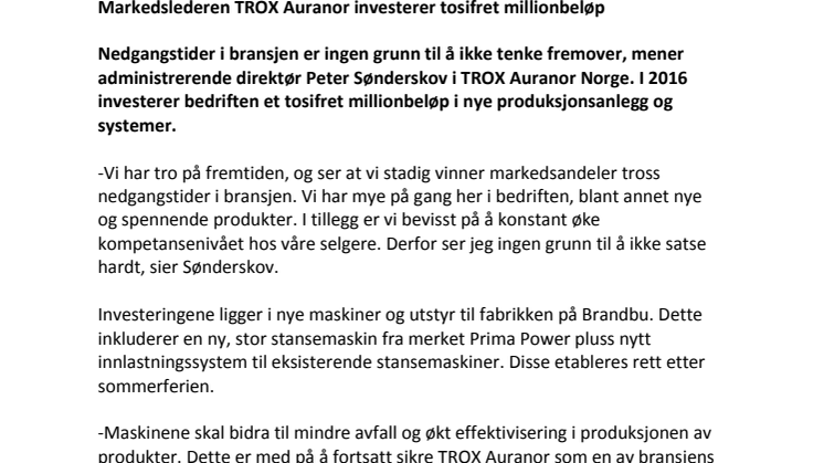 Markedslederen TROX Auranor investerer tosifret millionbeløp