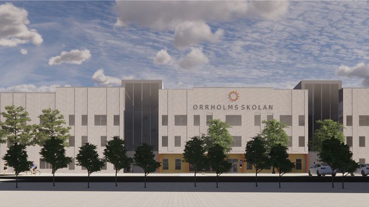 Orrholmsskolan ska bli en stor modern skola för omkring 640 elever. Bilden är beskuren och visar inte hela skolan. Bild: Sweco