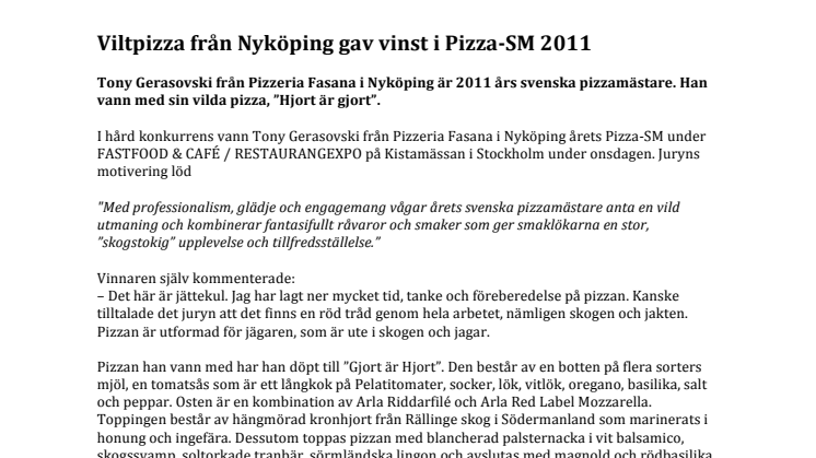 Hjortpizza från Nyköping gav vinst i Pizza-SM 2011