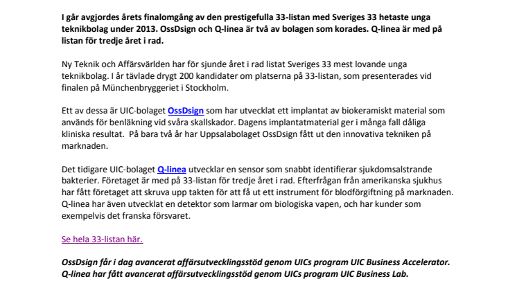 OssDsign och Q-linea bland Sveriges 33 hetaste teknikbolag