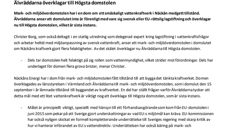 Älvräddarna överklagar Näckådom till Högsta domstolen