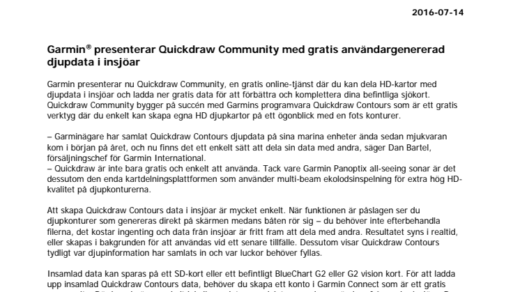 Garmin® presenterar Quickdraw Community med gratis användargenererad djupdata i insjöar
