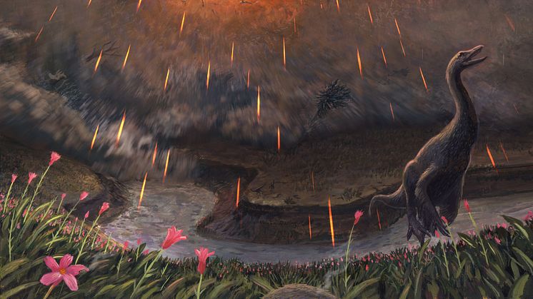 Konstnärlig rekonstruktion av floden Tanis vid det så kallade Chicxulub-meteoritnedslaget.  Nedslaget  markerade slutet på kritaperioden och på dinosauriernas tidevarv. Artist: Joschua Knüppe