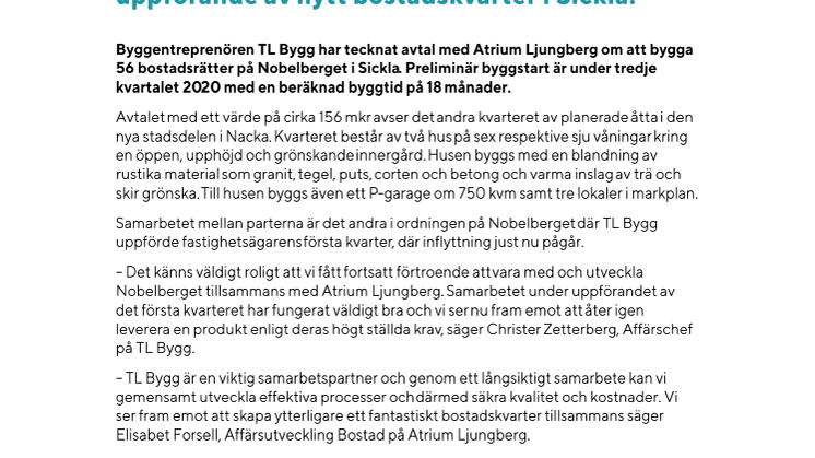 TL Bygg skriver avtal med Atrium Ljungberg om uppförande av nytt bostadskvarter i Sickla.