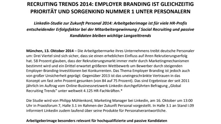 Recruiting Trends 2014: Employer Branding ist gleichzeitig Priorität und Sorgenkind Nummer 1 unter Personalern