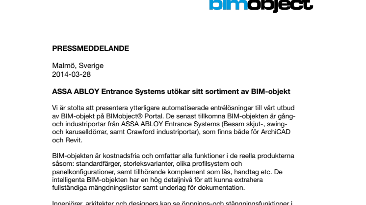 ASSA ABLOY Entrance Systems utökar sitt sortiment av BIM-objekt