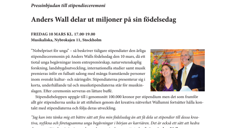 "Nobelprisceremoni” för unga talanger – Anders Wall delar ut miljoner på sin födelsedag