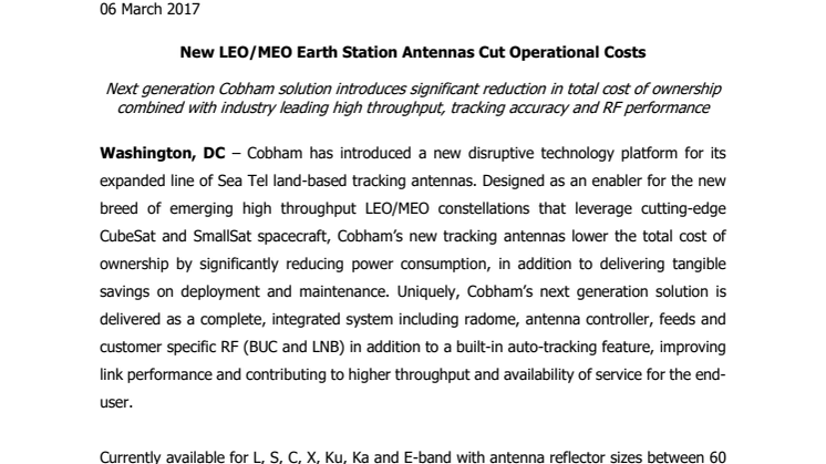 Cobham SATCOM - Satellite 2017: New LEO/MEO Earth Station Antennas Cut Operational Costs 