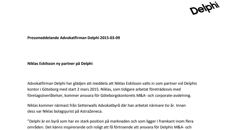 Niklas Eskilsson ny partner på Delphi