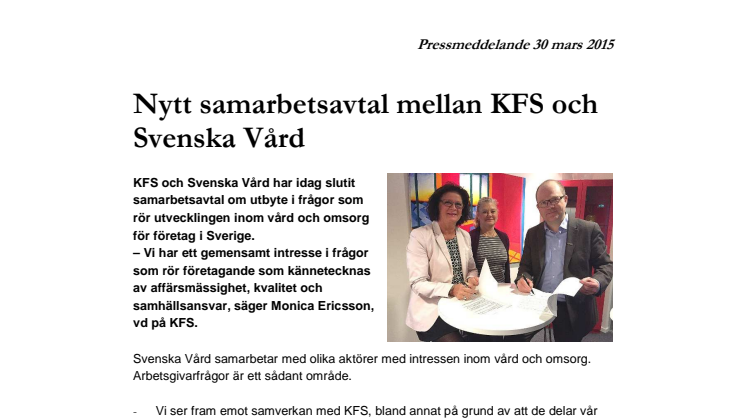 Nytt samarbetsavtal mellan KFS och Svenska Vård
