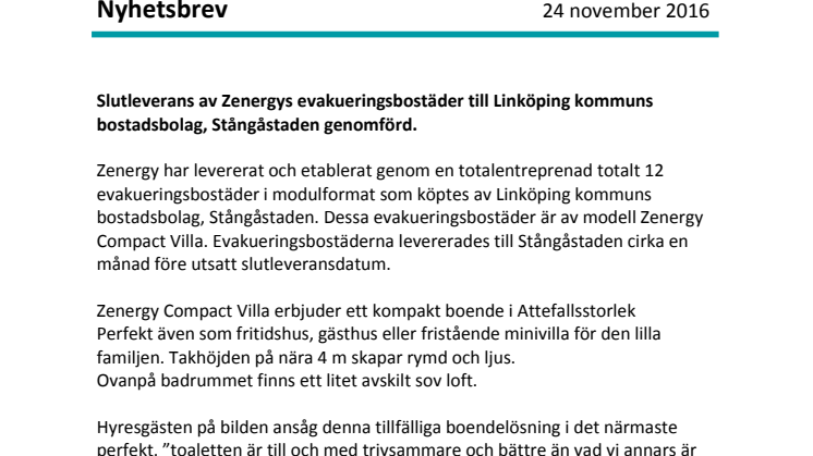 Slutleverans av Zenergy evakueringsbostäder till Linköping kommuns bostadsbolag, Stångåstaden genomförd.