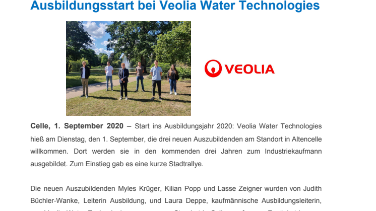 Ausbildungsstart bei Veolia Water Technologies