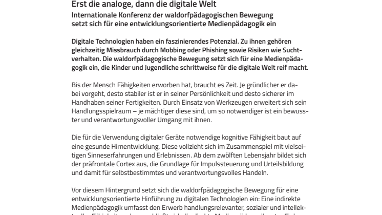 Erst die analoge, dann die digitale Welt. ​Internationale Konferenz der waldorfpädagogischen Bewegung setzt sich für eine entwicklungsorientierte Medienpädagogik ein