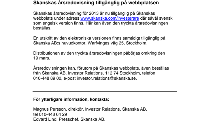 Skanskas årsredovisning tillgänglig på webbplatsen