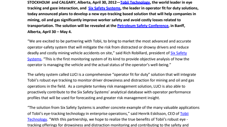 Tobii eye-tracking to enhance operator safety solution by Six Safety Systems 