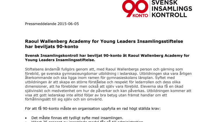 Raoul Wallenberg Academy for Young Leaders Insamlingsstiftelse har beviljats 90-konto
