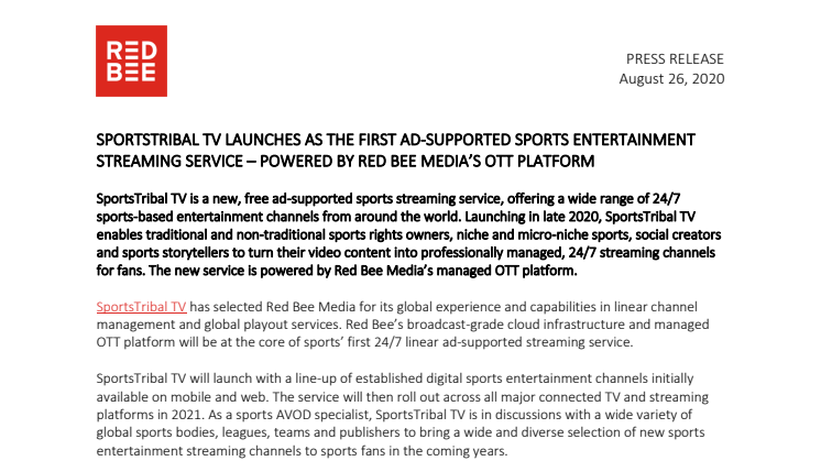 SportsTribal TV Launches as the First Ad-Supported Sports Entertainment Streaming Service – Powered by Red Bee Media's OTT Platform