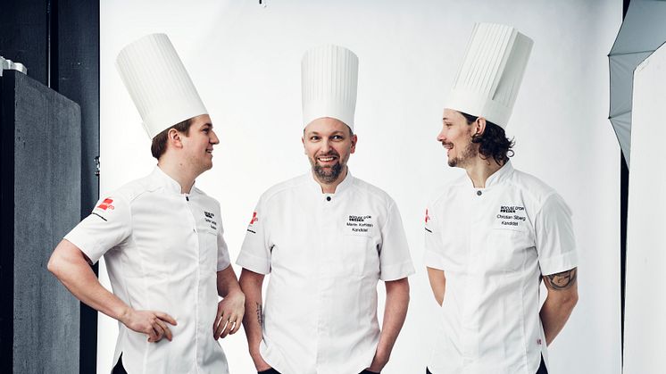 Tre finalister i Bocuse d'Or Sweden. Gustav Leonhardt, Martin Karlsson och Christian Siberg. Foto: Samuel Unéus