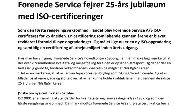 Forenede Service fejrer 25-års jubilæum med ISO-certificeringer  