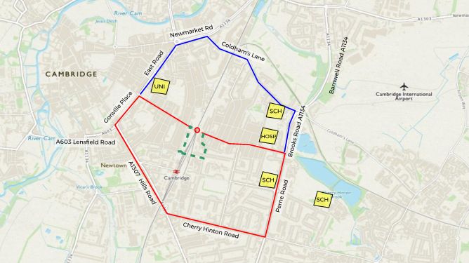 Diversionary routes around Mill Road Bridge (shown as a circle, centre) shown in blue and red for vehicles and in green for pedestrians