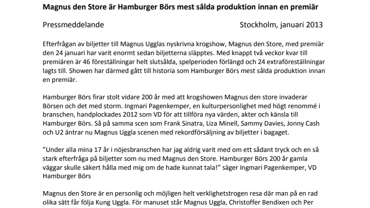 Magnus den Store är Hamburger Börs mest sålda produktion innan en premiär