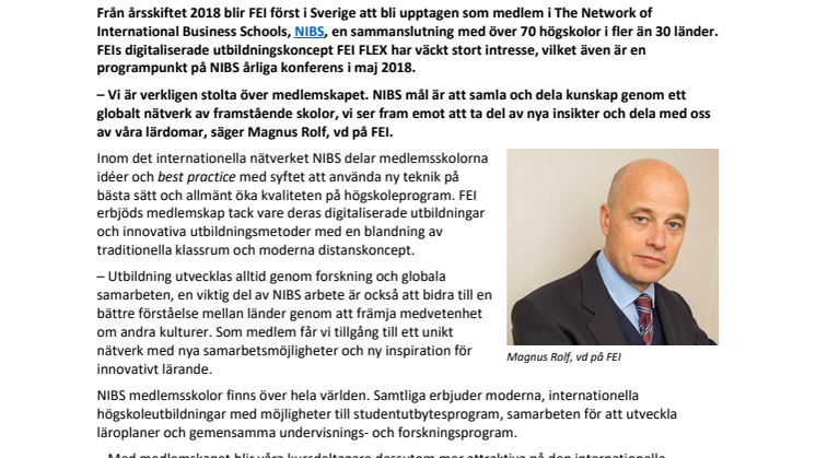 Internationella NIBS välkomnar FEI som första svenska business school