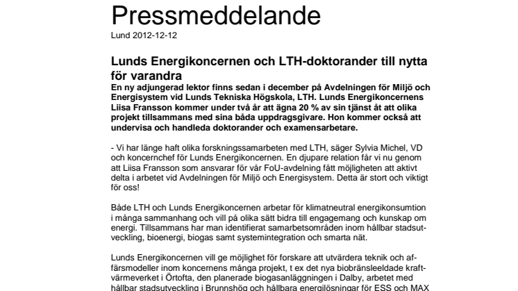 Lunds Energikoncernen och LTH-doktorander till nytta för varandra