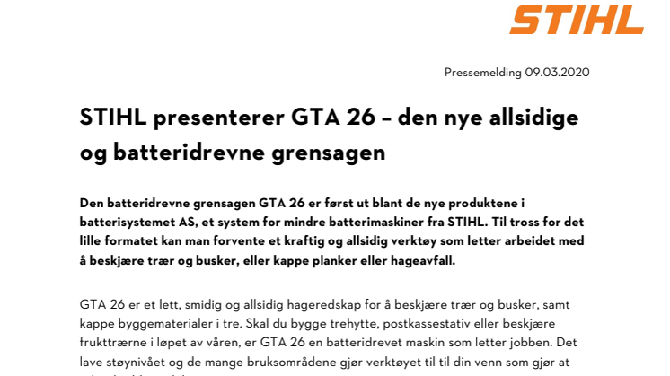 STIHL presenterer GTA 26 – den nye allsidige og batteridrevne grensagen