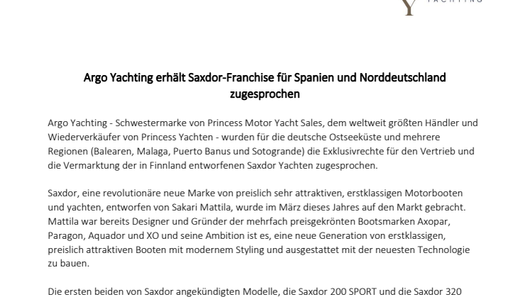Argo Yachting erhält Saxdor-Franchise für Spanien und Norddeutschland zugesprochen