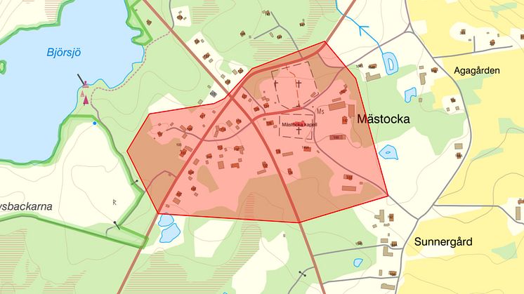 Om du bor inom rödmarkerat område i Mästocka rekommenderar Laholmsbuktens VA att du kokar ditt dricksvatten.