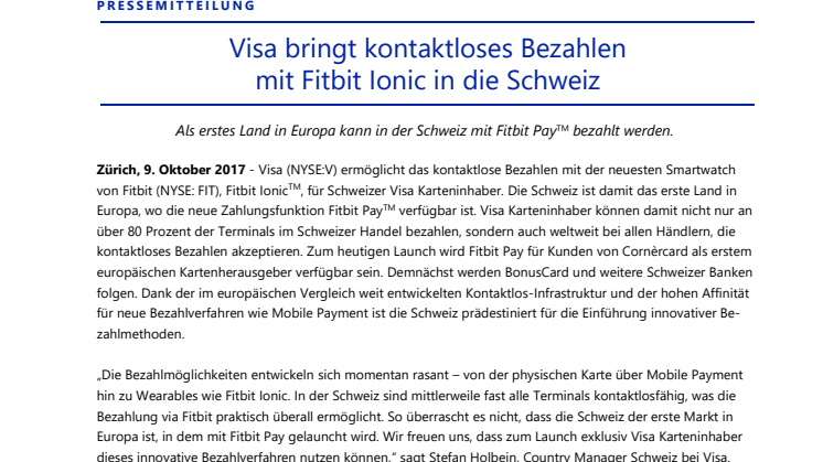 Visa bringt kontaktloses Bezahlen  mit Fitbit Ionic in die Schweiz 