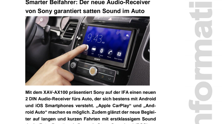 Smarter Beifahrer: Der neue Audio-Receiver von Sony garantiert satten Sound im Auto      