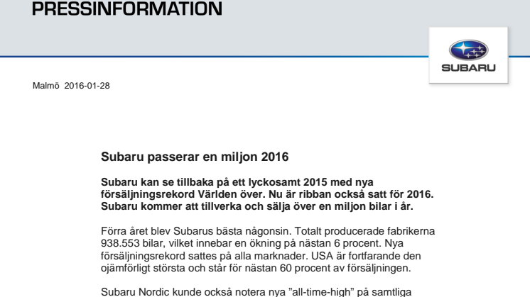 Subaru passerar en miljon 2016