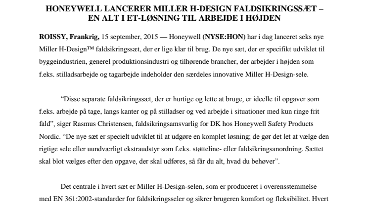  Honeywell lancerer Miller H-design faldsikringssæt – en alt i et-løsning til arbejde i højden